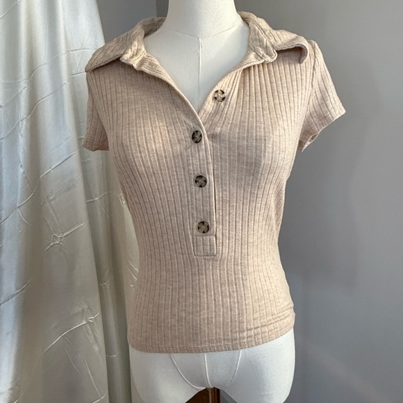 Lulus Tops - Lulu's Beige Ribbed Button-Down Shirt